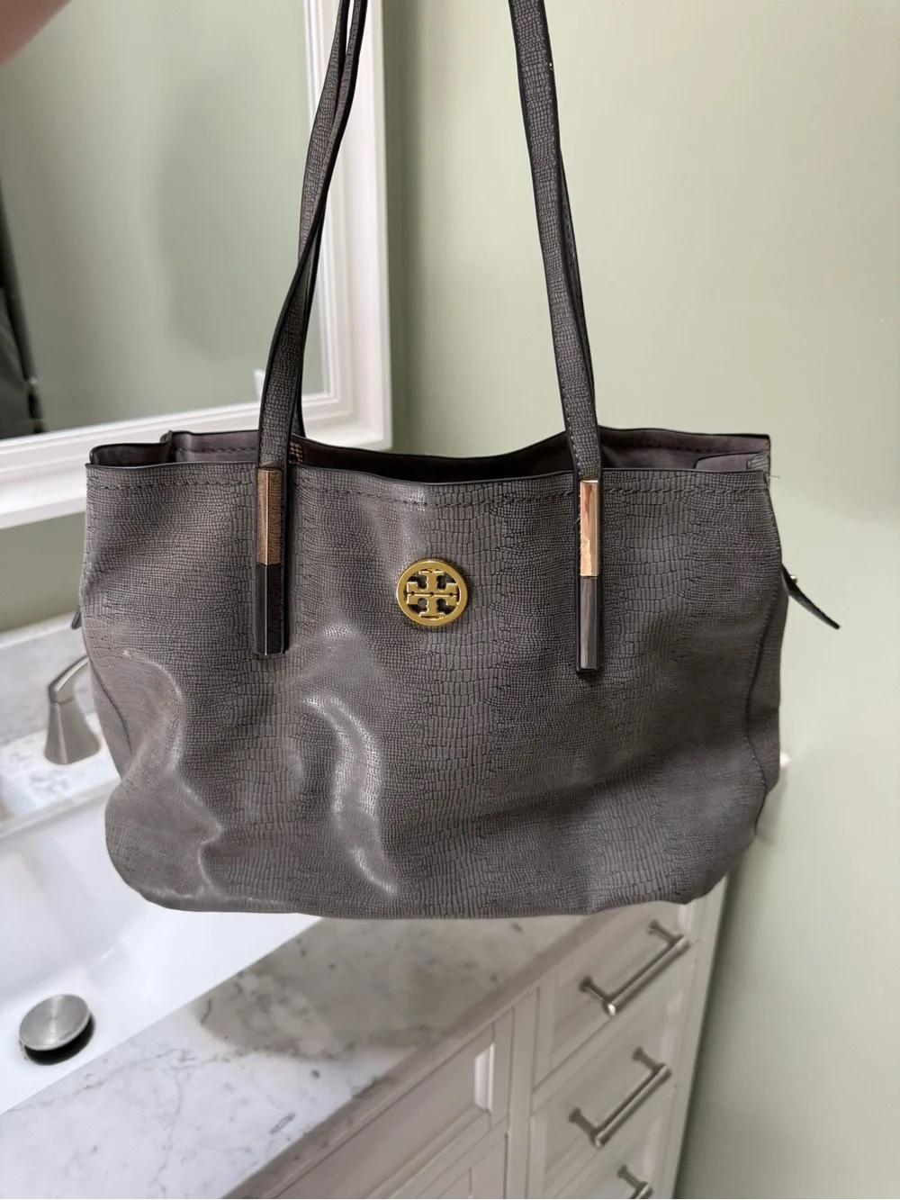 Authentic Tory Burch Amanda Embossed Leather Tote (Gray), circa 2013–2014